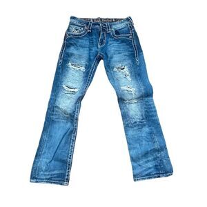 Rock Revival Tay Men's Straight Jeans Size 31 Blue Distressed, 34 Inseam